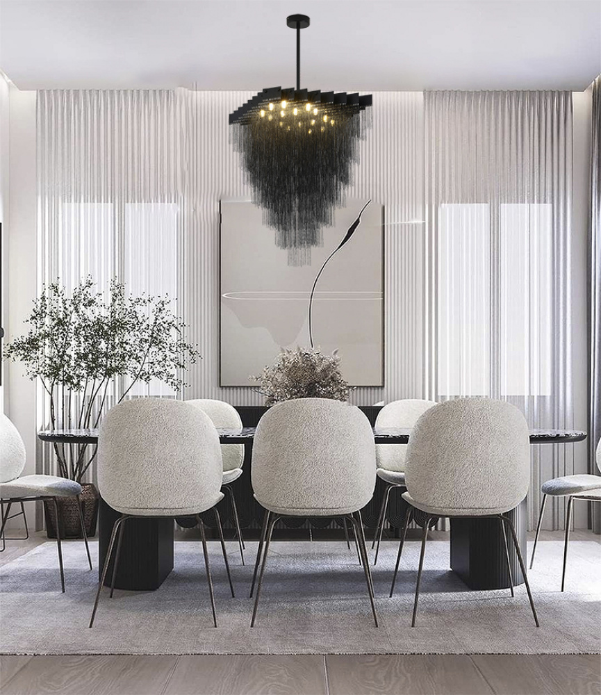 18-Light black prism chandelier with hanging aluminum chains